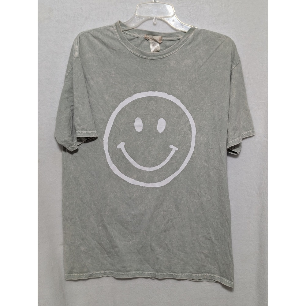 Altar'd State Smiley Face Graphic Tee Sage Green Mineral Wash Cotton T-Shirt S/M